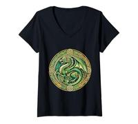 Womens Tribal Irish Green Celtic Knot Fantasy Celtic Dragon V-Neck T-Shirt