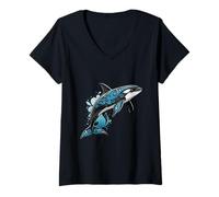 Womens Tribal Orca Design with Ocean Blue Accents V-Neck T-Shirt