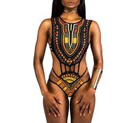 Women's Tribal Print Swimsuit Bikini African Metallic Swimwear Bathing Suit Push Up Strapless One Piece Monokini Trikini Swimwear Beachwear BJN-8902-BK-M