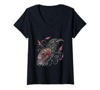 Womens Tribal Raven Tattoo Art with Red Accents Design V-Neck T-Shirt