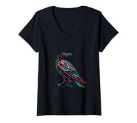 Womens Tribal Raven with Teal and Crimson Accents V-Neck T-Shirt