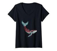 Womens Tribal Whale Ocean Spirit Artwork in Red and Teal V-Neck T-Shirt