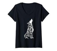 Women's Tribal Wolf Howling Black White V-Neck T-Shirt