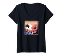 Womens Tribute to Hawaii Wisdom. Flower Print Palm Tree Sunset. v2 V-Neck T-Shirt