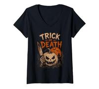 Women's Trick Or Death Pun Creepy Pumpkin Halloween Costume V-Neck T-Shirt