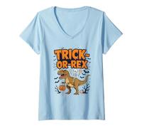 Womens Trick-or-Rex Halloween Dinosaur Skeleton Rider V-Neck T-Shirt