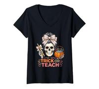 Women's Trick Or Teach Teacher Halloween Coquette Bow Messy Bun V-Neck T-Shirt