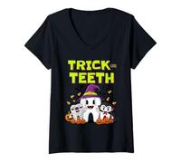 Womens Trick Or Teeth Cute Halloween Dentist Cartoon Outfit V-Neck T-Shirt