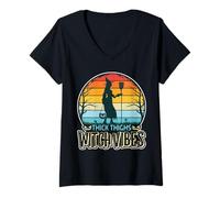 Womens Trick or Treat Flying Witch Castle Bats Halloween Vampires V-Neck T-Shirt
