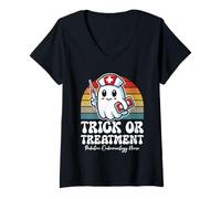 Womens Trick Or Treatment Halloween Pediatric Endocrinology Nurse V-Neck T-Shirt