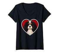 Women's Tricolor Cavalier King Charles Spaniel Heart V-Neck T-Shirt