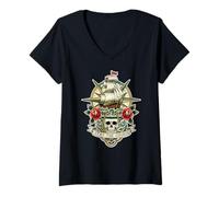 Women's Trinity Love Clothing Co. Stay The Course Tattoo Skull Ship V-Neck T-Shirt