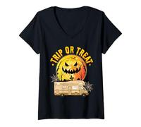 Women's Trip Or Treat Spooky Camper Van Traveling Camping Halloween V-Neck T-Shirt