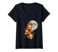 Womens Triple Fox Moon Night Wildlife Stars Mystery Forest V-Neck T-Shirt