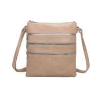 Women's Triple Zip PU Leather Handbag Multi-pockets Shoulder Crossbody Bag - ALMOND