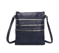 Women's Triple Zip PU Leather Handbag Multi-pockets Shoulder Crossbody Bag - NAVY