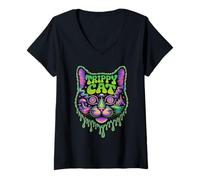 Women's Trippy Cat 70's Rave Vibrant Neon Feline Graphic Design V-Neck T-Shirt