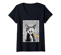 Womens Trippy Cat Spiral Hypnotic Rainbow Black White Vortex Retro V-Neck T-Shirt