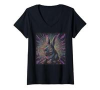 Women's Trippy Rabbit EDM Glitch Bunny Punk Grunge Graphic V-Neck T-Shirt