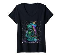 Womens Trippy Space Smoking Alien Psychedelic Galaxy Vapor V-Neck T-Shirt