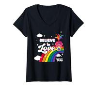 Women's Trolls Believe in Love Rainbow V-Neck T-Shirt
