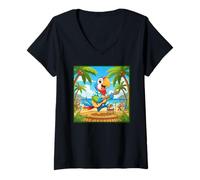 Womens Trop Rock Parrot Guitar Player V-Neck T-Shirt