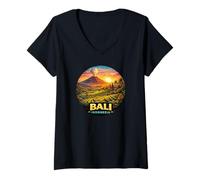 Women's Tropical Bali Indonesia Rice Terraces Volcano Design V-Neck T-Shirt