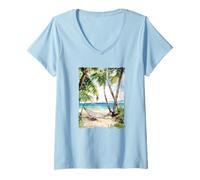 Womens Tropical Beach Hammock Palm Trees Watercolor Seascape Art V-Neck T-Shirt