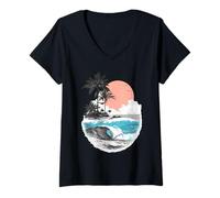 Womens Tropical Beach Sunset Ocean Wave Palm Tree Summer V-Neck T-Shirt