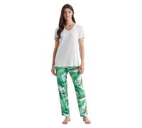 Women's Tropical Fern Print Pyjama Set, White V-Neck T-Shirt with Relaxed-Fit Pants, Green Leaf Pattern (UK, Alpha, M, Regular, Regular, White)