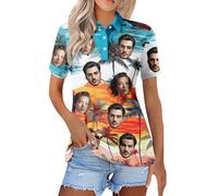 Women's Tropical Floral Print Polo Shirt Custom Face Design Short Sleeve Hawaiian Shirt with Triple Button Summer Beachwear