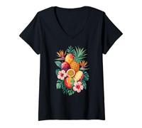 Womens Tropical Fruit Bouquet Hibiscus Pineapple Passion V-Neck T-Shirt