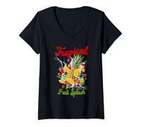 Women's Tropical Fruit Splash Pineapple, Orange, Strawberry, Kiwi V-Neck T-Shirt