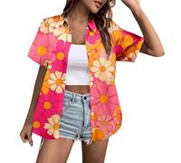 Women's Tropical Funny Hawaiian Palm Tree Shirts Caribbean Casual Summer Shirt Clothes Short Sleeve Button Down Graphic Beach 80S Shirt Outfits Trendy Cruise Flamingo Floral Womens Pink