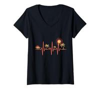 Womens Tropical Heartbeat Palm Trees Sun Paradise V-Neck T-Shirt