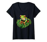 Women's Tropical Leaf Frog Colorful Red-Eyed Tree Frog V-Neck T-Shirt