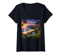Women's Tropical Mountain Sunset Waterfall Beach Nature Landscape V-Neck T-Shirt