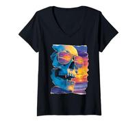 Women's Tropical Skull in Sunglasses Sunset Summer Gothic Summerween V-Neck T-Shirt
