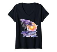 Womens Tropical Sunset with Purple Beach and Palm Trees V-Neck T-Shirt