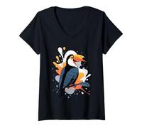 Womens Tropical Toucan with Orange Splash V-Neck T-Shirt