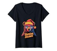 Womens Tropicool Holidays Bear with Santa Hat Sunglasses V-Neck T-Shirt
