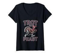 Womens Trot Then Feast Running Turkey Athletic Thanksgiving Fitness V-Neck T-Shirt