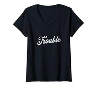 Women's Trouble Simple Cursive Word V-Neck T-Shirt