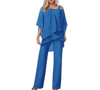 Women's Trouser Suits Chiffon Top and Trousers Set Ladies Elegant Wedding Guest Pants Suit 2 Piece Chiffon Formal Outfit Plus Size Mother of The Bride Outfits for Evening Cocktail Party Festival Blue