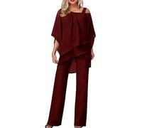Women's Trouser Suits Chiffon Top and Trousers Set Ladies Elegant Wedding Guest Pants Suit 2 Piece Chiffon Formal Outfit Plus Size Mother of The Bride Outfits for Evening Cocktail Party Festival Red