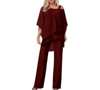 Women's Trouser Suits Elegant Wedding Guest Pants Suit 2 Piece Chiffon Formal Outfit Plus Size Prom Evening Two Piece Trouser Suit Mother of The Bride Pants Suit (S,#02 Red)