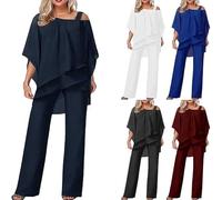 Women's Trouser Suits Elegant Wedding Guest Pants Suit 2 Piece Chiffon Formal Outfit Plus Size Prom Evening Two Piece Trouser Suit Mother of The Bride Pants Suits(#01 Navy,M)