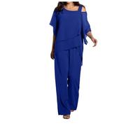Women's Trouser Suits Elegant Wedding Guest Pants Suit 2 Piece Chiffon Formal Outfit Plus Size Prom Evening Two Piece Trouser Suit Mother of The Bride Pants Suits(#01 Blue,XL)