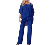 Women's Trouser Suits Elegant Wedding Guest Pants Suit 2 Piece Chiffon Formal Outfit Plus Size Prom Evening Two Piece Trouser Suit Mother of The Bride Pants Suit (L,#02 Blue)
