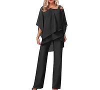 Women's Trouser Suits, Elegant Wedding Guest Pants Suit 2 Piece Chiffon Formal Outfit Prom Evening Two Piece Trouser Suit Plus Size Mother of The Bride Outfits for Cocktail Party Festive Black